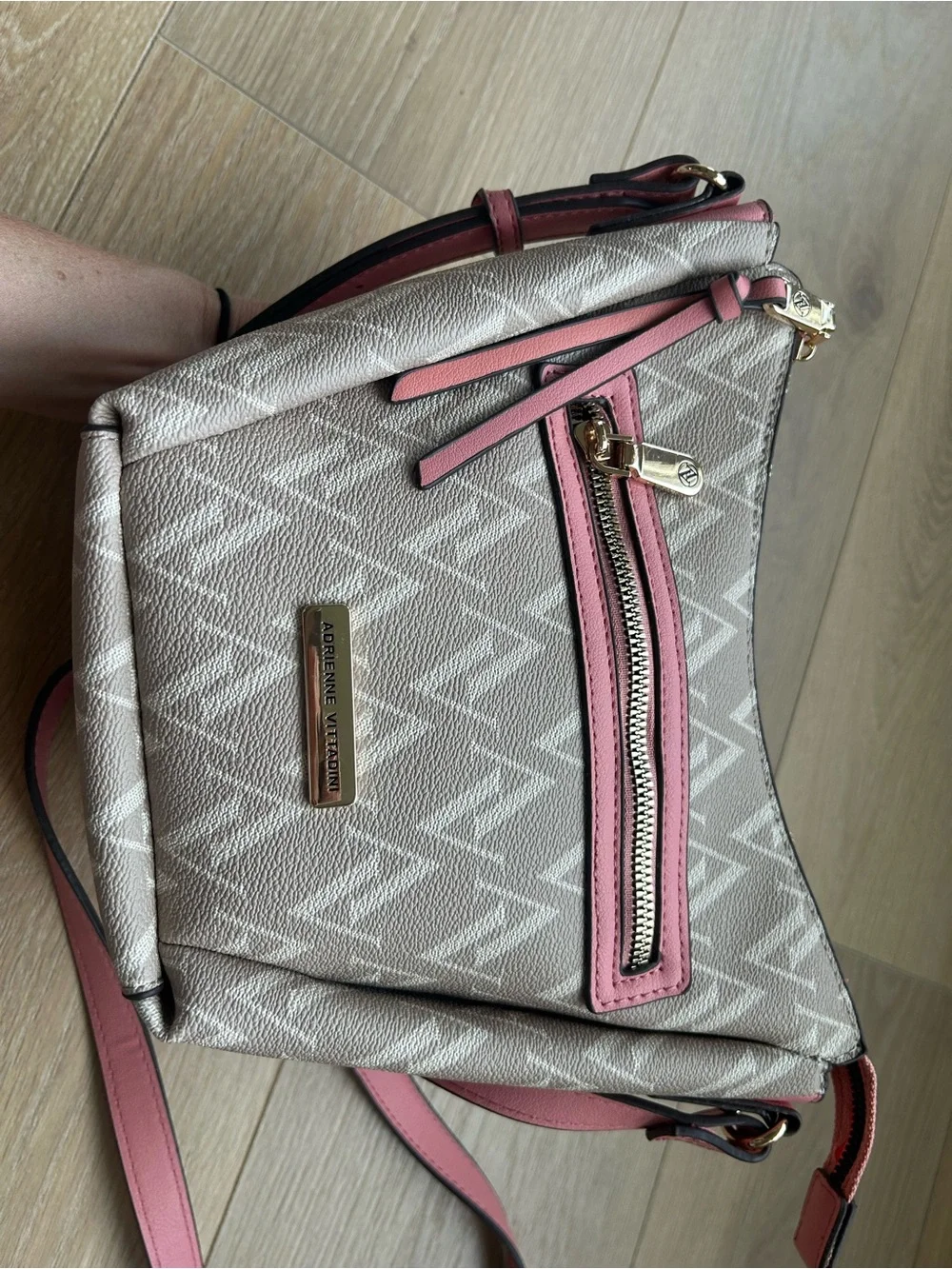 Adrienne Vittadini Monogram Crossbody Bag Pink Trim